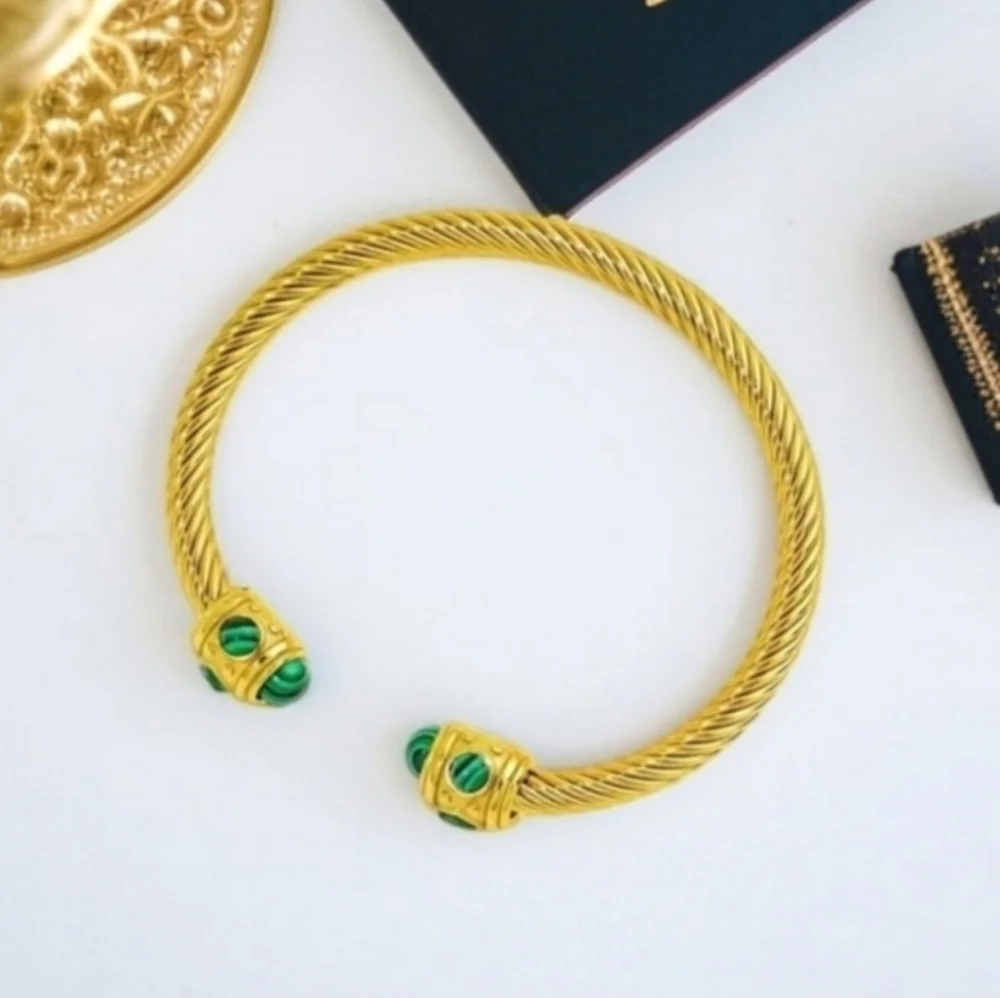 18k Gold Plated Twisted Cable Malachite & Crystal Cuff Bangle Bracelet